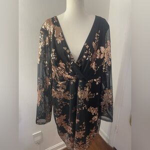 Sequin Elegant Black and Gold Long sheer Sleeve Dress